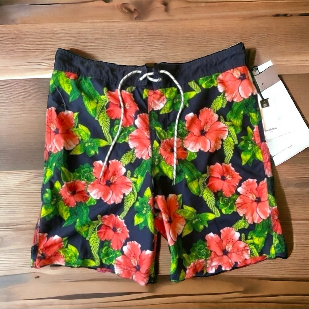 Men's Size XXL 9" Inseam Black Floral Print Board Short Swimming Trunks Tropical